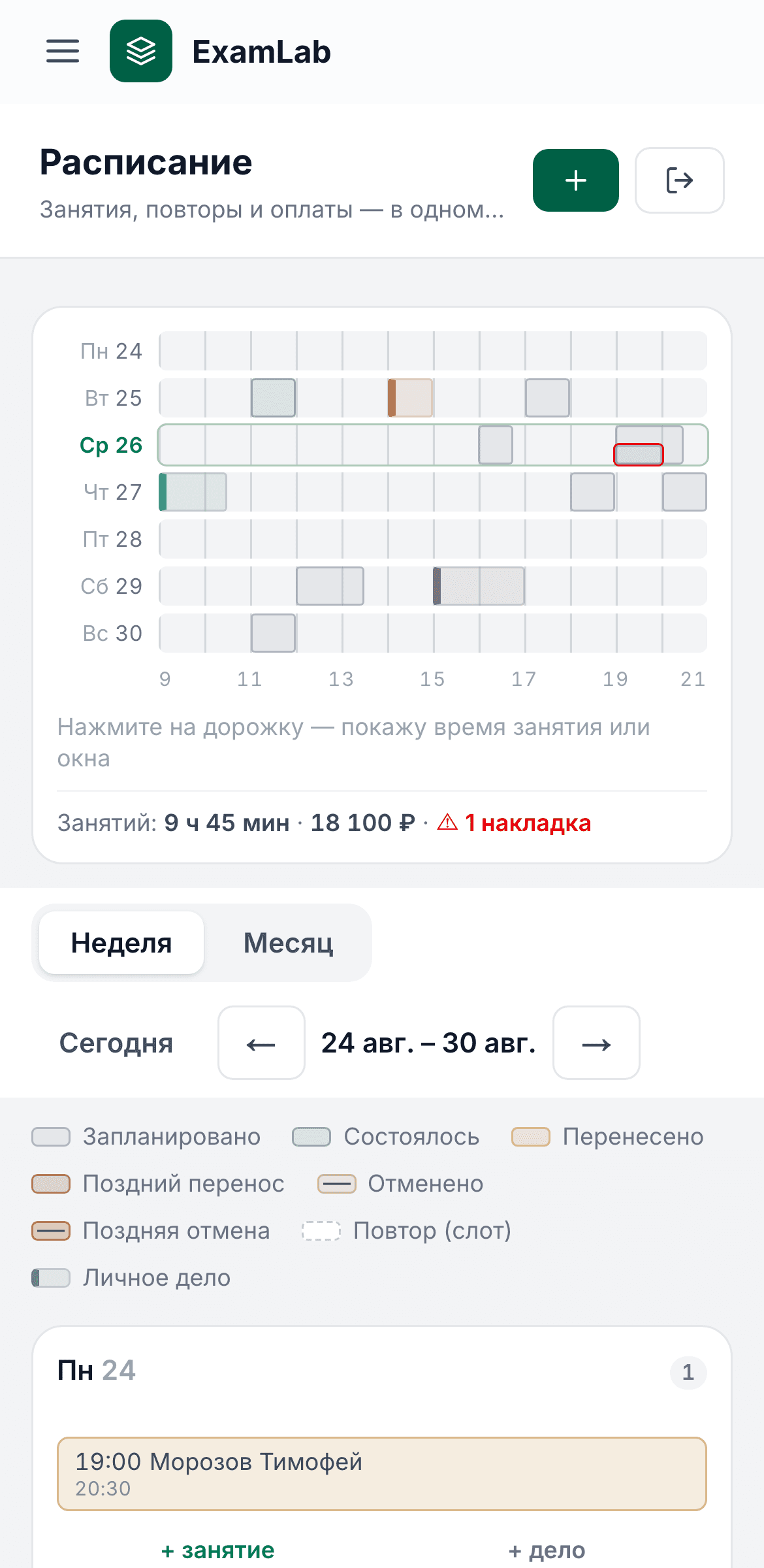 Расписание, вид «Неделя»: лента недели с занятыми часами, занятия по дням, окна между ними, предупреждение о накладке, личные дела и итог часов и денег