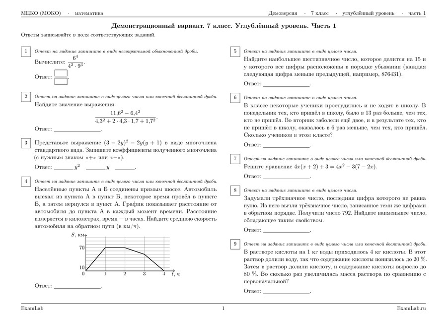 Первая страница демоверсии МЦКО по математике, 7 класс, углублённый уровень, часть 1